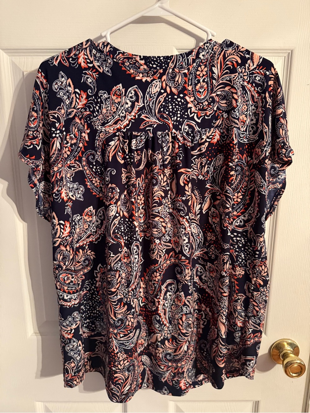 Jones New York Navy Paisley Short Sleeve Blouse with Coral & White Accents - Picture 3 of 3